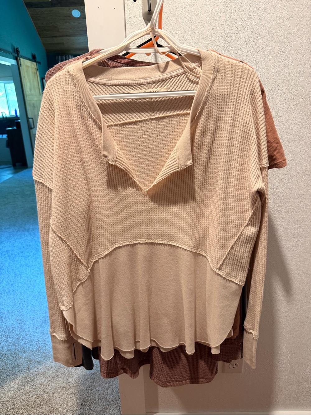 Free People Cream Waffle-Knit Split V Pullover Hoodie